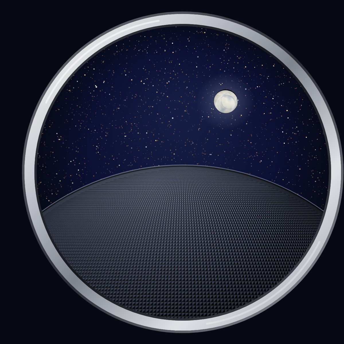 Night, with the dome closed. The moon over the studded silver dome, the stars out all day.