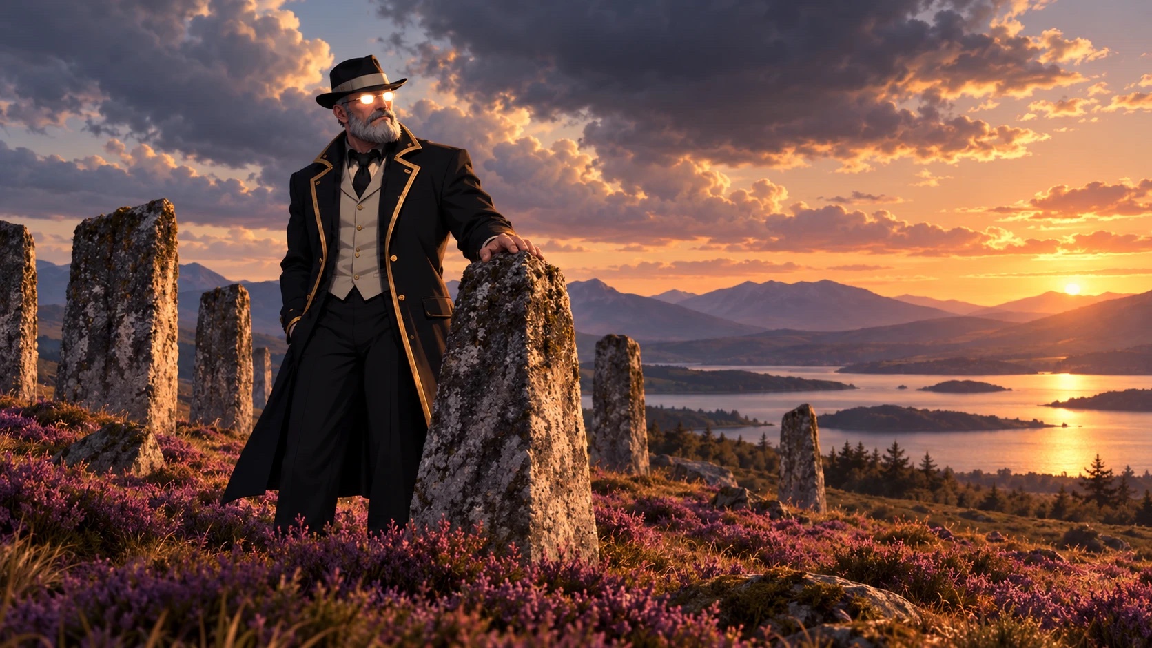 An elderly bearded gentleman in a black coat with gold trim, a cream waistcoat, and a fedora, his eyes glowing with a warm light, stands in purple heather with one hand resting on a standing stone, a ring of lichen-covered stones around him and a loch, islands, and mountains behind him at sunset.