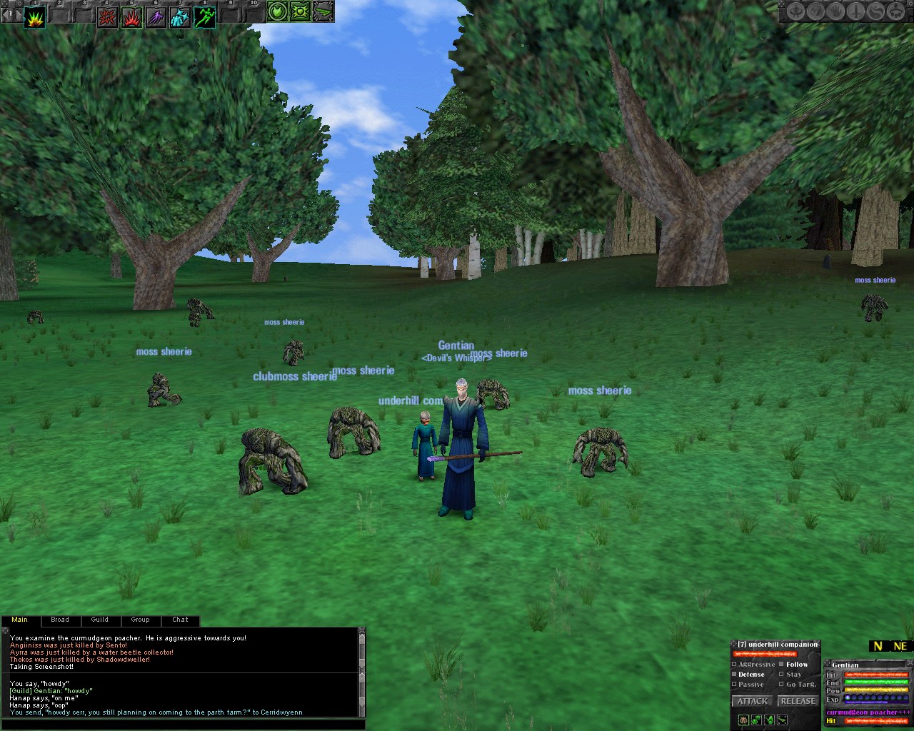 A tall robed elf with a staff and a small robed companion stand in a sunlit green clearing, surrounded by hunched moss creatures, with a guild greeting in the chat window.