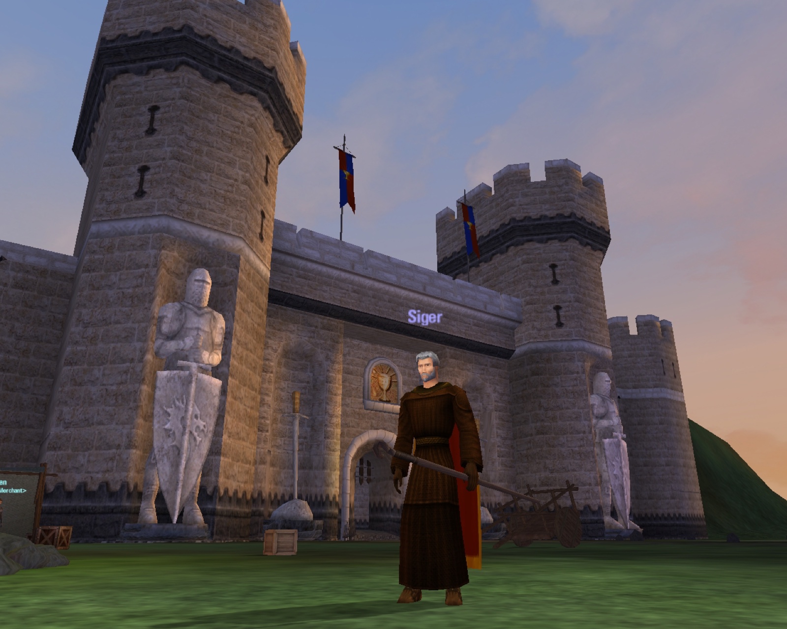 Siger stands in front of a castle gate at dusk, staff angled across his body, giant knight statues and banners behind him.