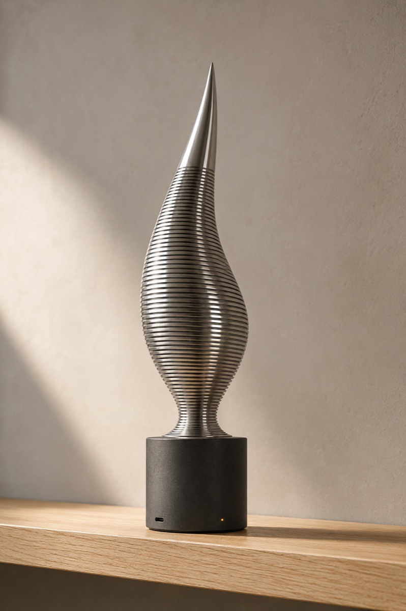 A rendered silver sculpture with horizontal ribs, a round low belly and a smooth pointed top, on a dark cylindrical base on a wooden shelf.
